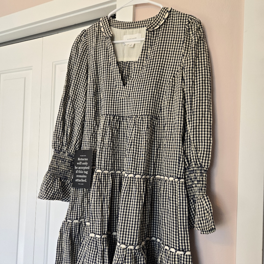 Ganni Blue & White Gingham Tiered Long-Sleeve Dress
